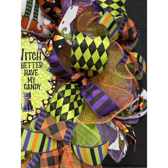 Halloween Witch Wreath Orange Purple Green Deco Mesh Handmade 24 Inch - Picture 8 of 8